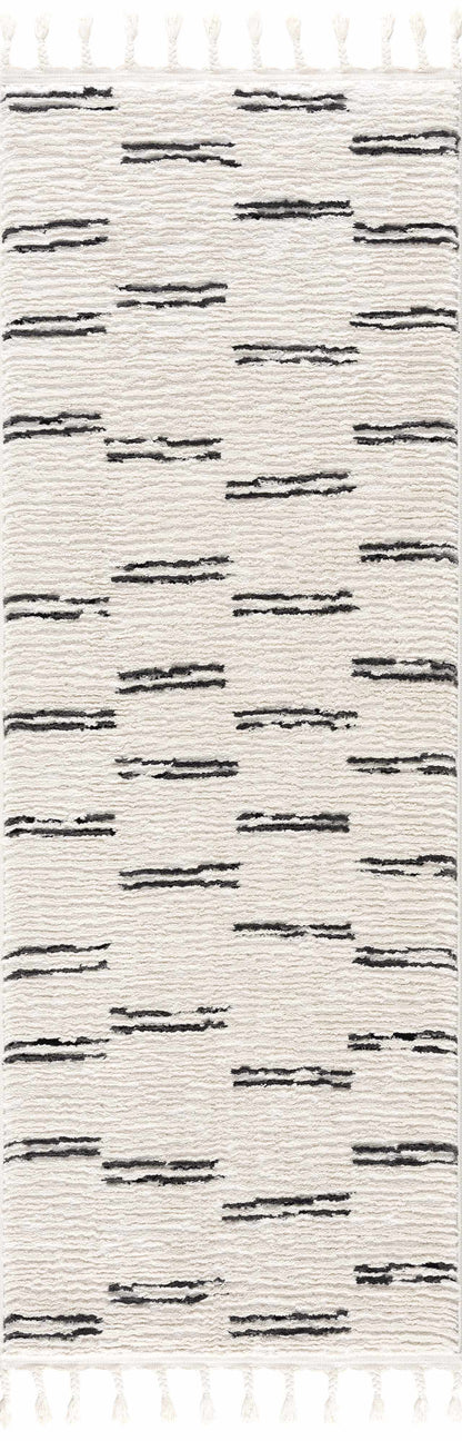 Riad Black Striped White Rug with Tassels