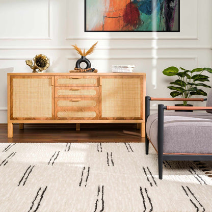 Riad Black Striped White Rug with Tassels