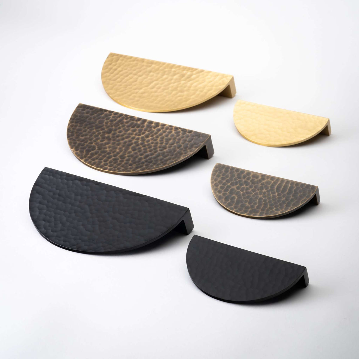 Hammered Demi Lune, Solid Brass Half Moon Cabinet Pulls.
