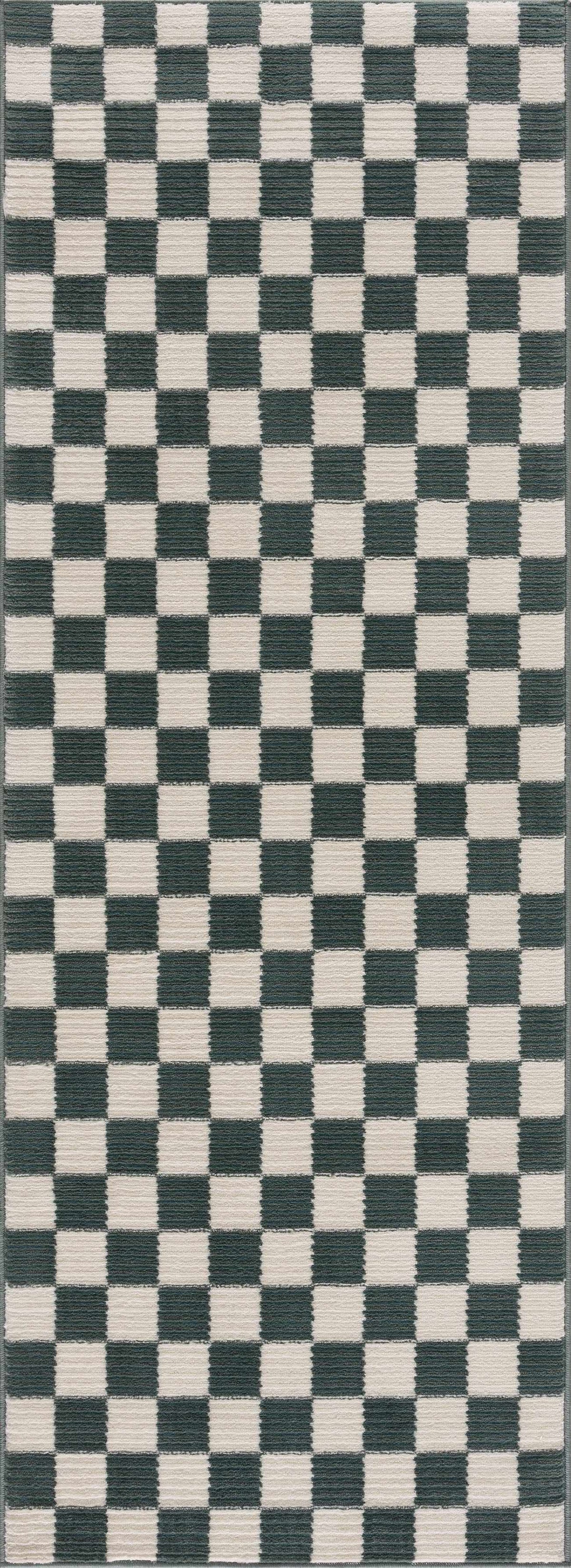 Kaysar Oil Green Checkered Washable Area Rug