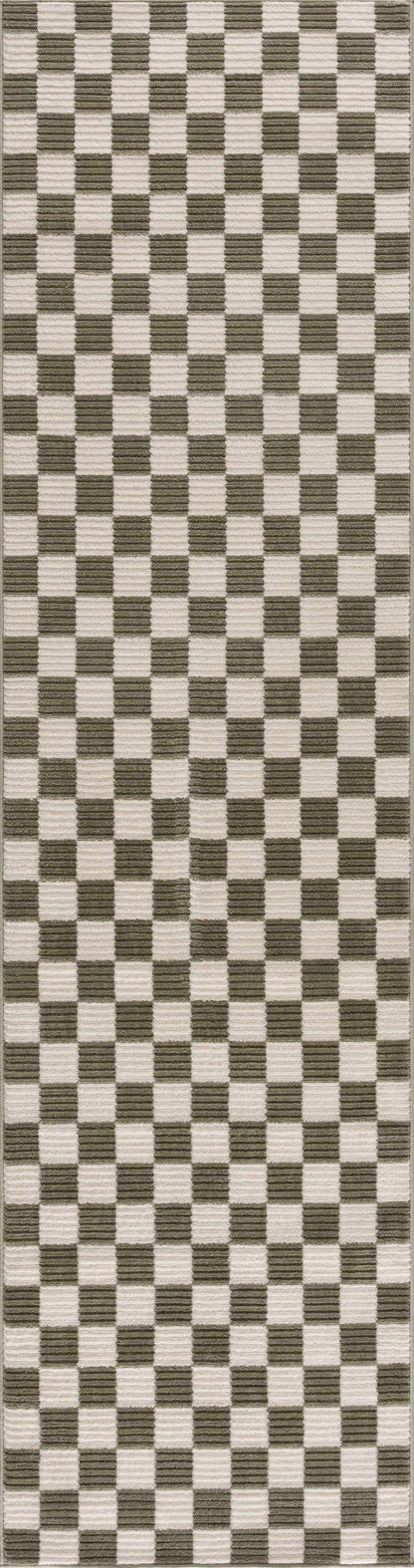 Kaysar Olive Green Checkered Washable Area Rug
