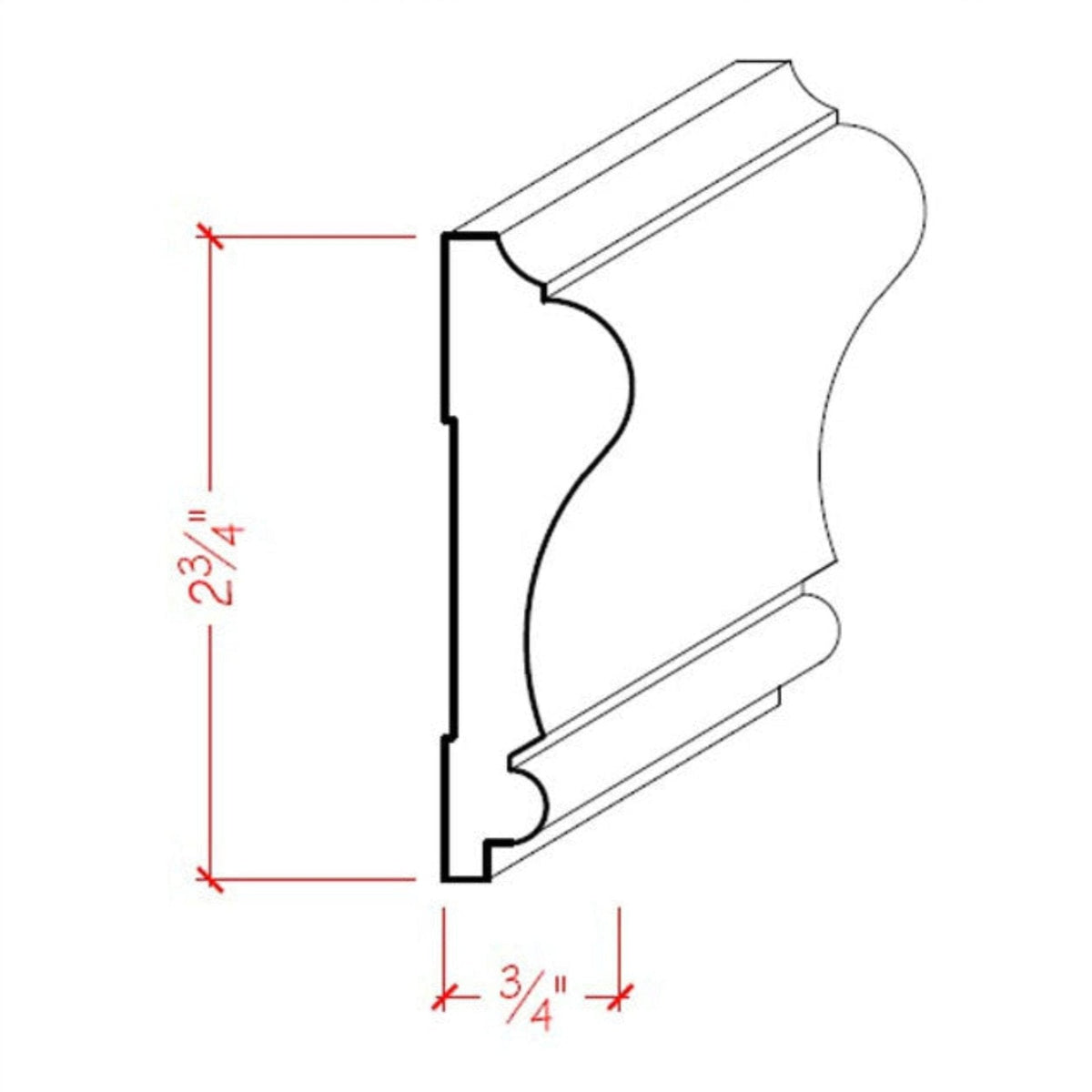 EWCH11 Colonial Chair Rail 2-3/4" Tall x 3/4" Trim Moulding. Unfinished.