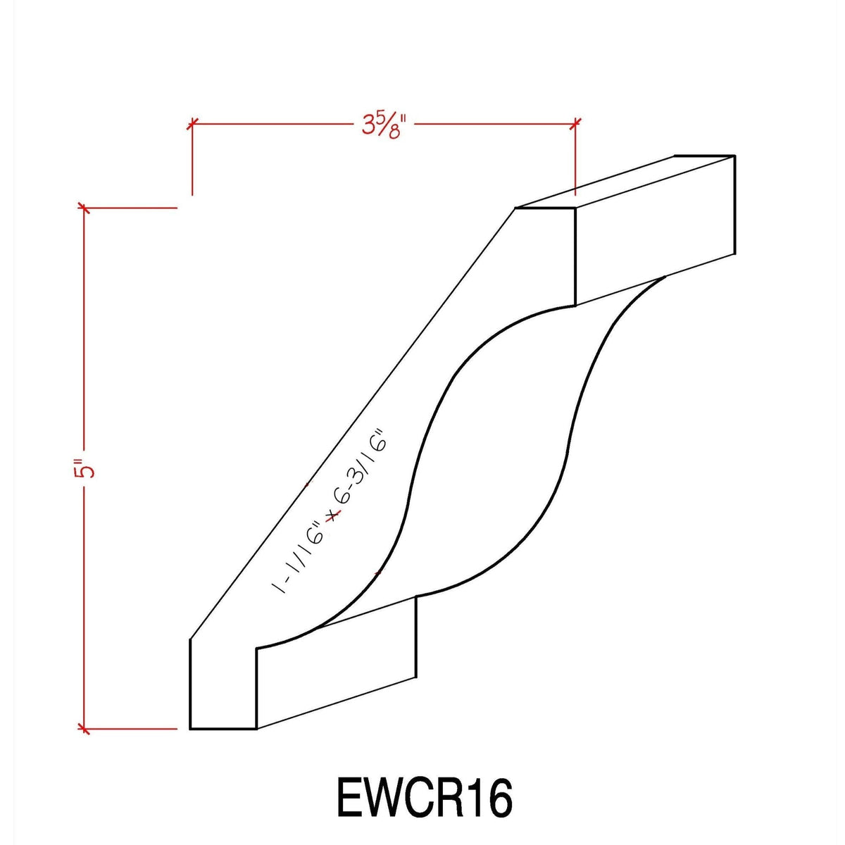 EWCR16 Crown 1-1/16" x 6-3/16" Unfinished 5" High x 3-5/8" Deep.