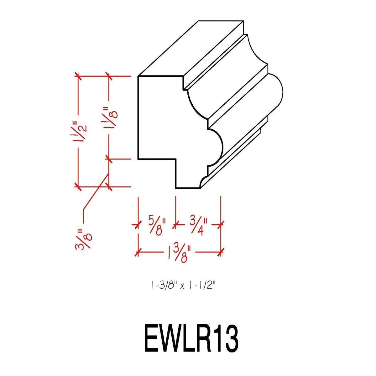 EWLR13 Kitchen Cabinet Light Rail 1-1/2" x 1-3/8" Trim. Unfinished.