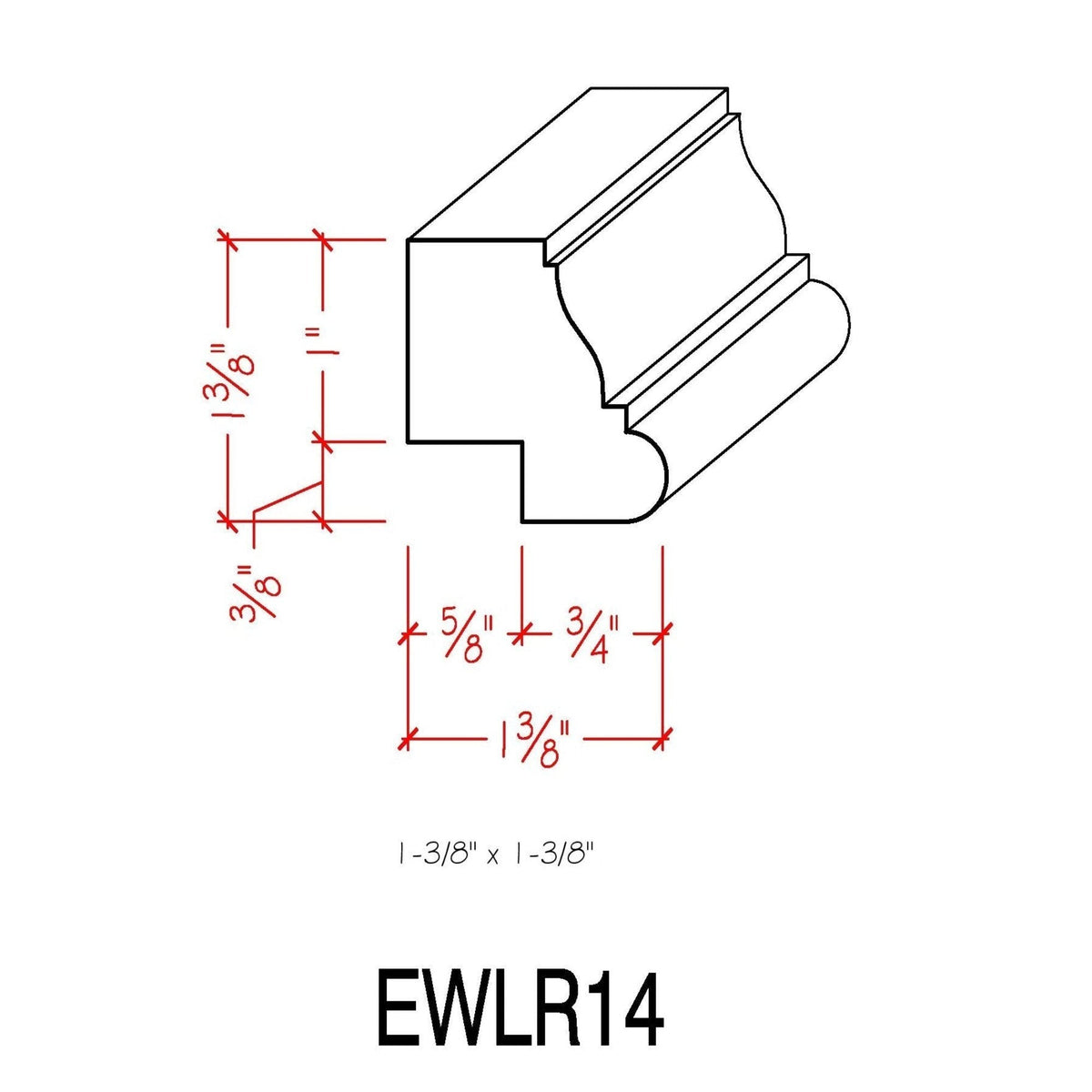 EWLR14 Kitchen Cabinet Light Rail 1-3/8" x 1-3/8" Trim. Unfinished.