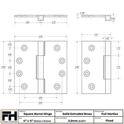 4x4 Inch Solid Brass Square Barrel Door Hinge - Flat Black.