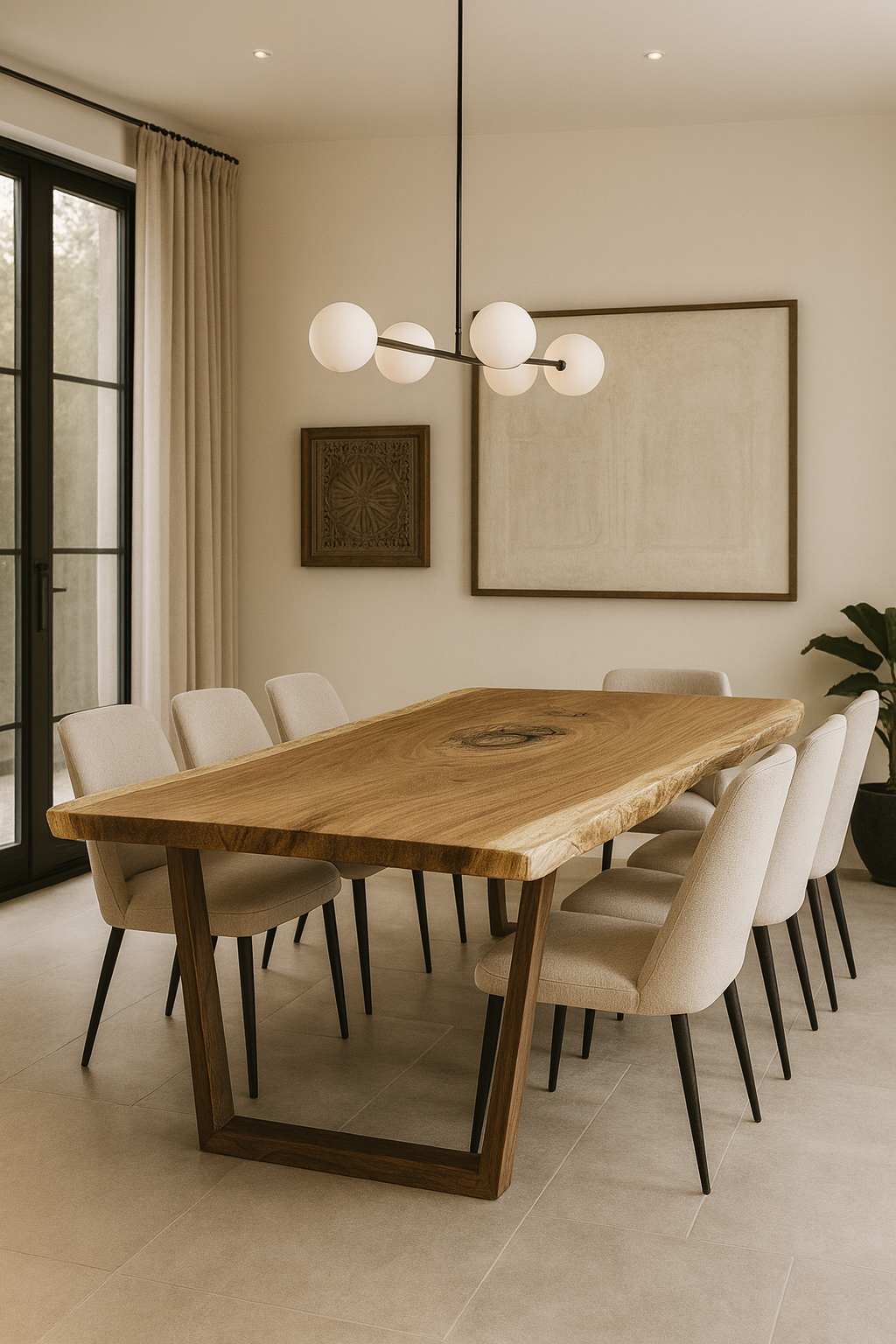 Modern dining room with a wooden table and white chairs.