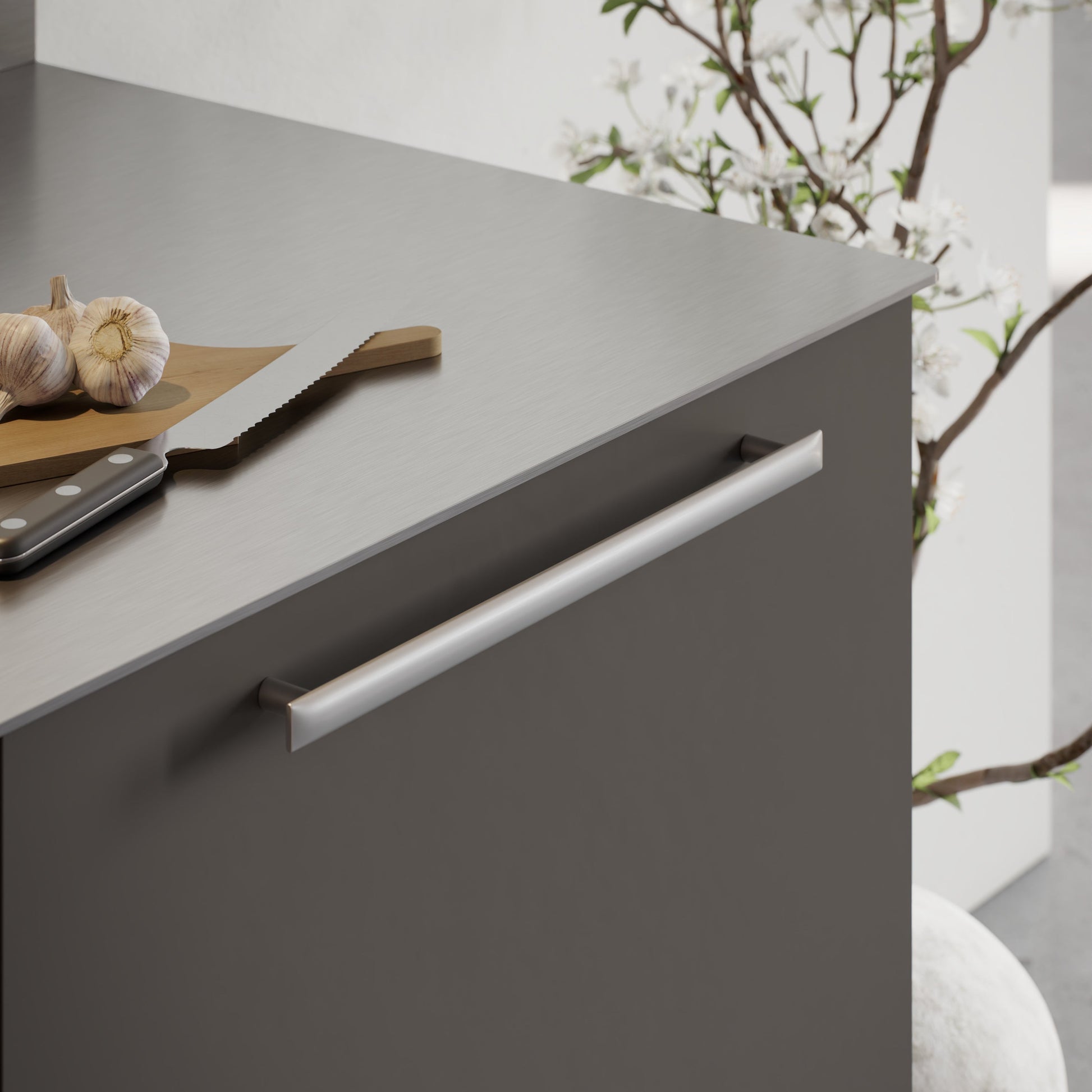Satin Steel "Flow" T-Bar Cabinet Knob and Drawer Pull.