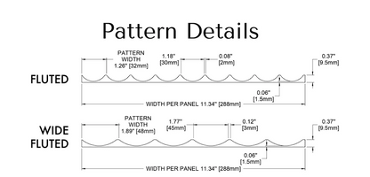 Technical diagram of fluted and wide fluted patterns with measurements on a white background