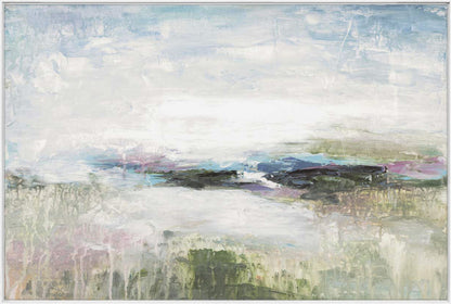 Abstract landscape painting with soft colors and cloud-like formations