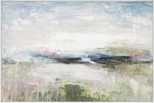 Abstract landscape painting with soft colors and cloud-like formations