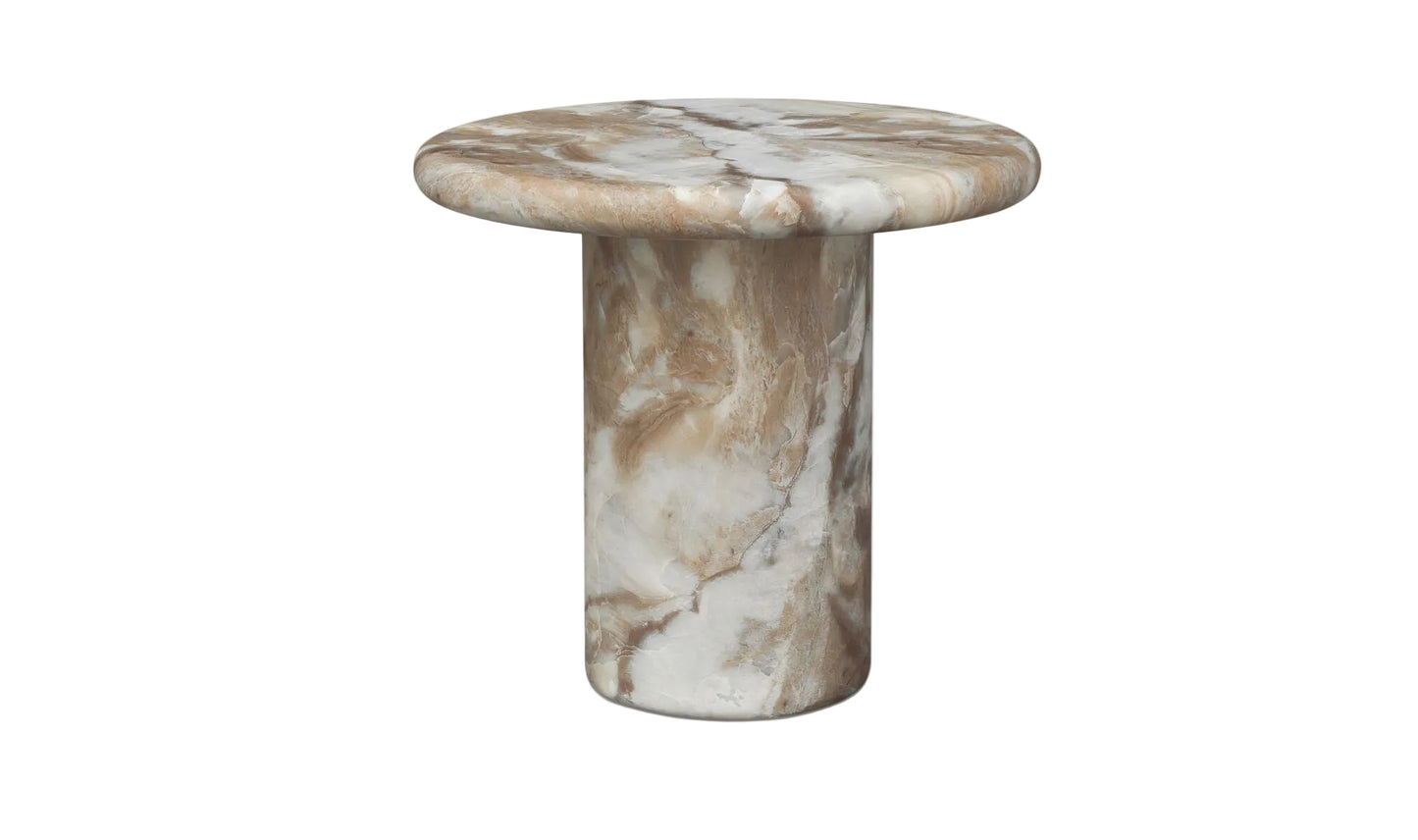 Marble side table with a beige and white pattern on a white background