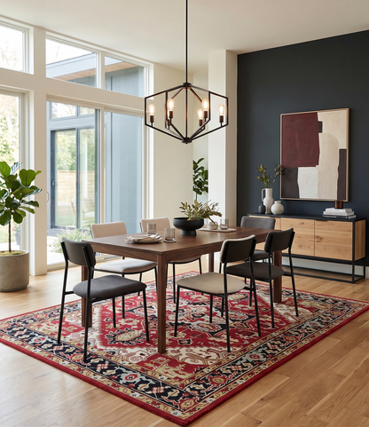 Custom Made Traditional Heriz Rust, Ivory, Black and Beige Hand knotted Medallion Wool Area Rug.