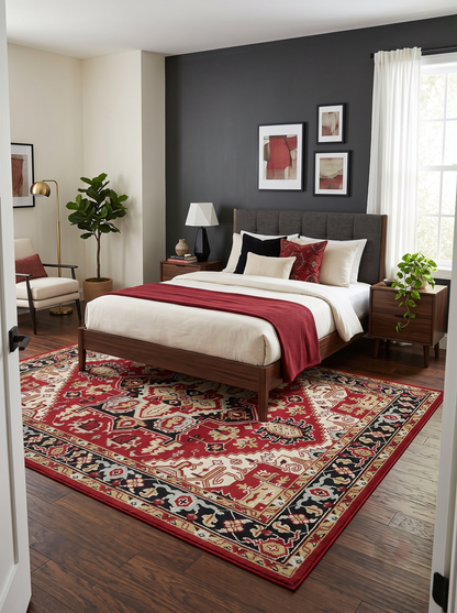 Custom Made Traditional Heriz Rust, Ivory, Black and Beige Hand knotted Medallion Wool Area Rug.