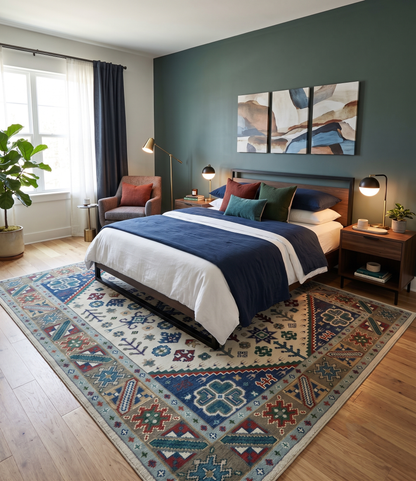Custom Made Colorful Ivory, Blue, Brown and Teal Hand Knotted Traditional Heriz size wool Area Rug.