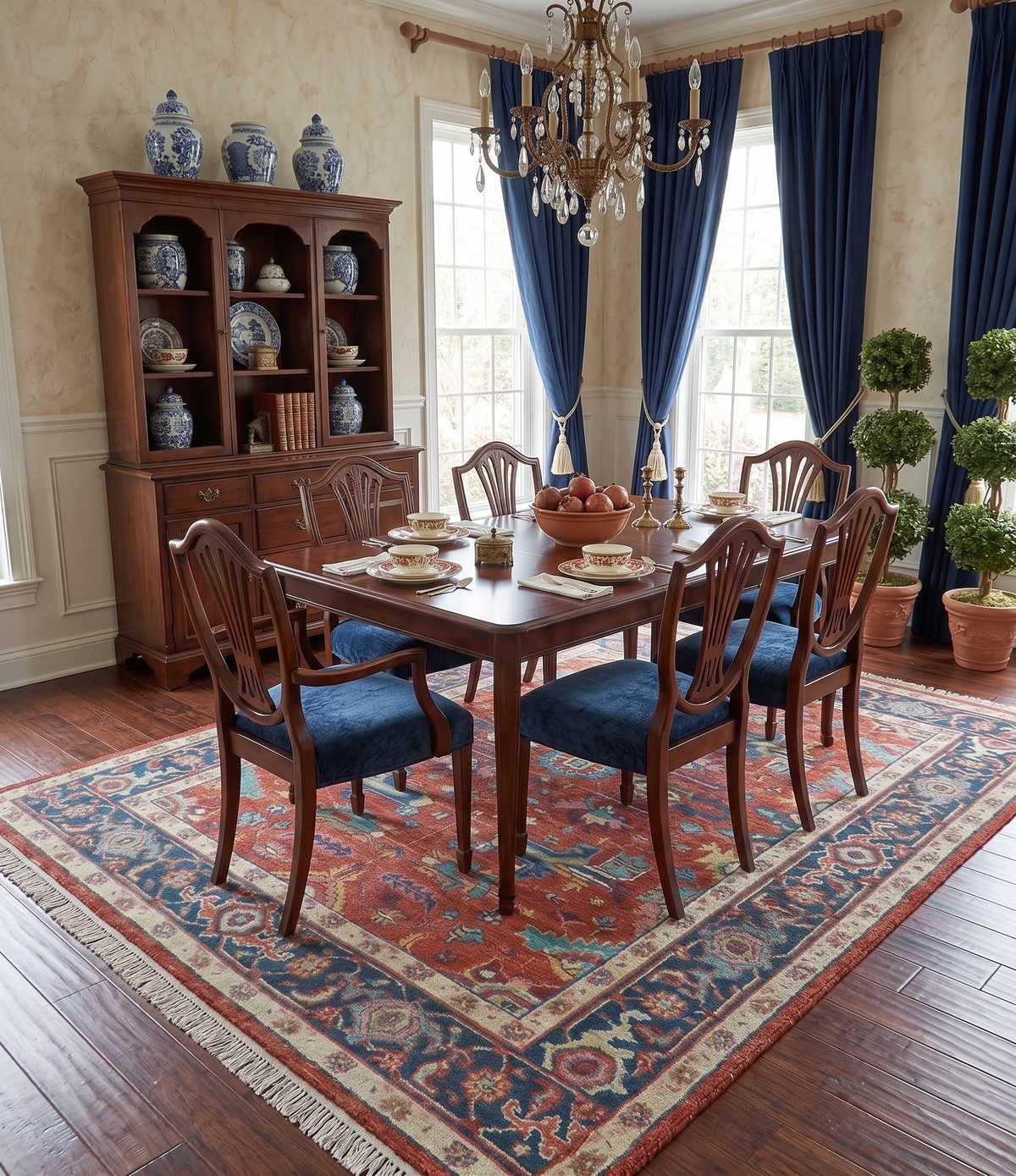 Custom Made Red And Blue Traditional Hand Knotted Wool Rug.