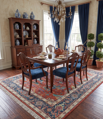 Custom Made Red And Blue Traditional Hand Knotted Wool Rug.