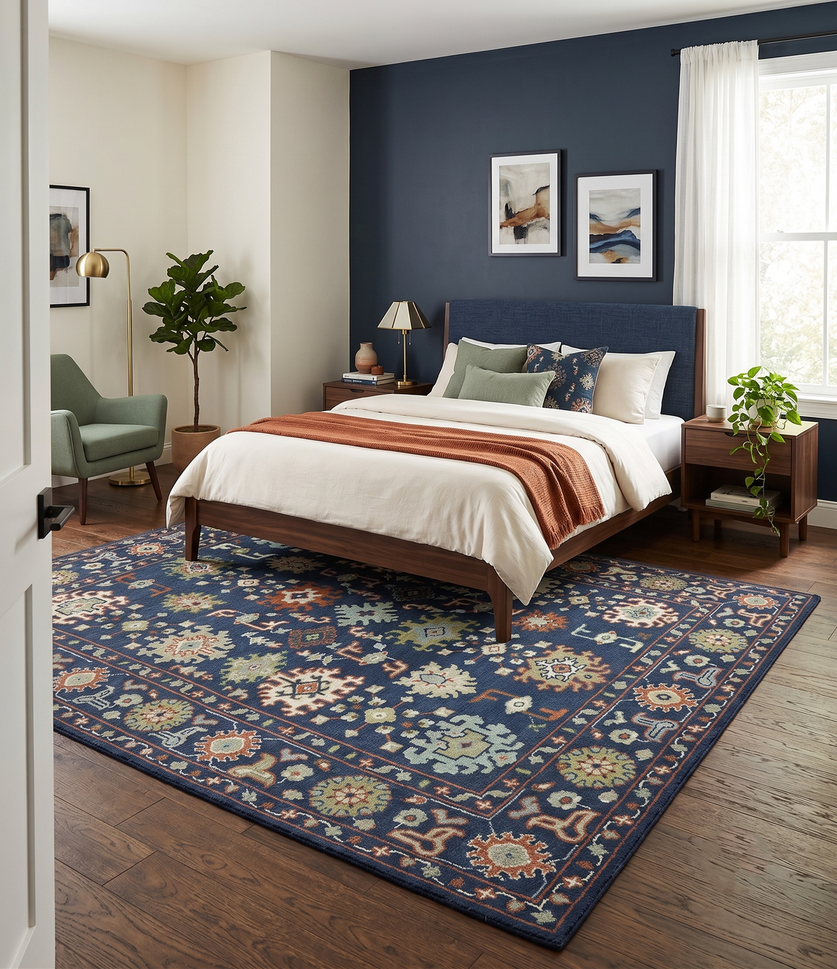 Vibrant colorful Blue, Rust, Ivory and Olive Hand knotted Traditional Oushak Custom Made wool Area Rug.