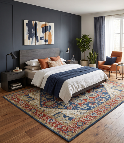 Custom Made Brown, Blue, Ivory and Olive Hand knotted Traditional Heriz Medallion Wool Area Rug.