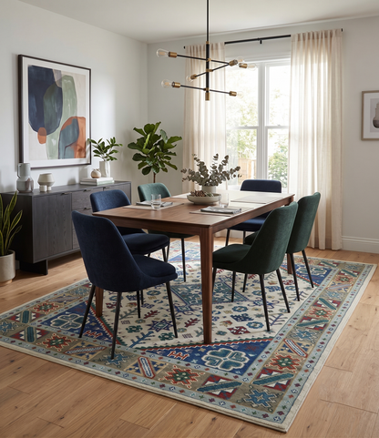 Custom Made Colorful Ivory, Blue, Brown and Teal Hand Knotted Traditional Heriz size wool Area Rug.