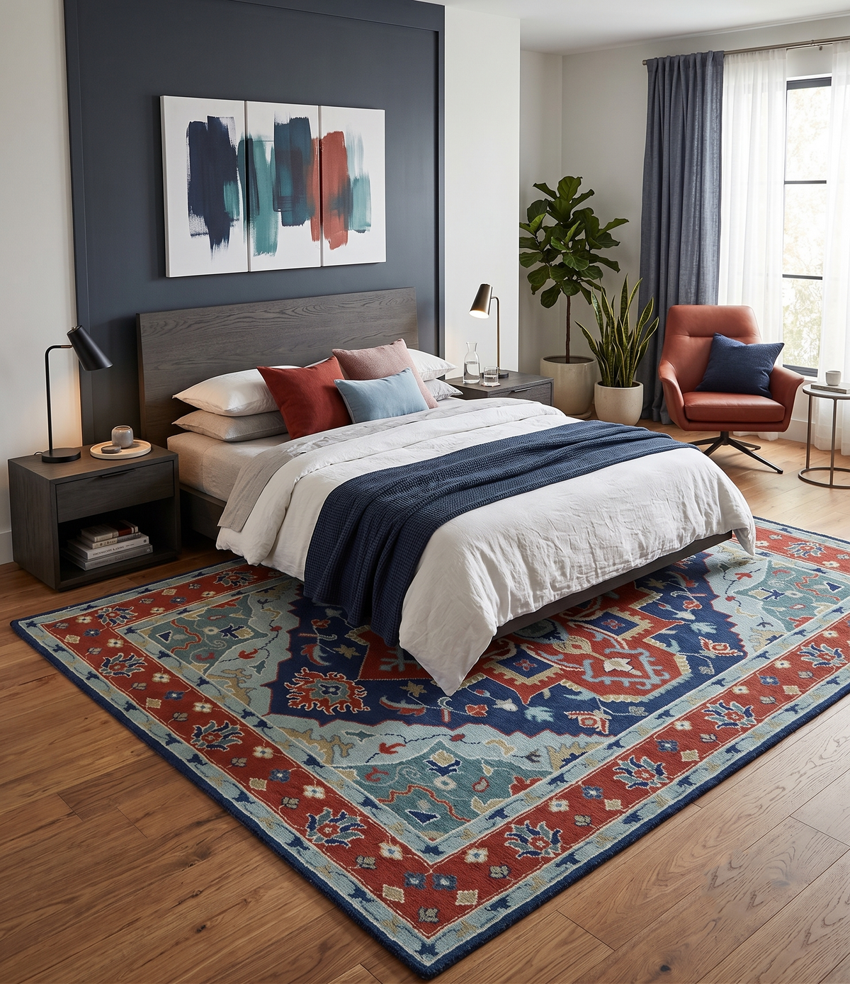 Traditional Heriz Brown, Blue and Gray Hand Knotted Custom Made Wool Area Rug.
