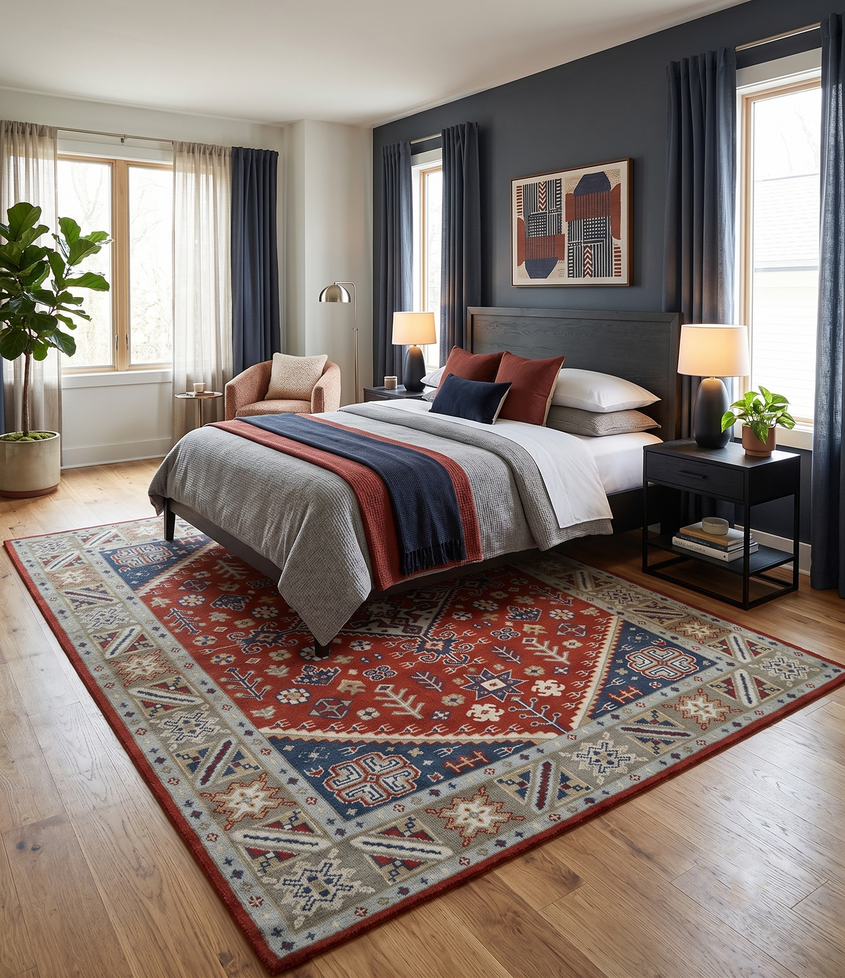 Premium Style Rust, Blue and Beige Hand Knotted Traditional Heriz wool Area Rug.