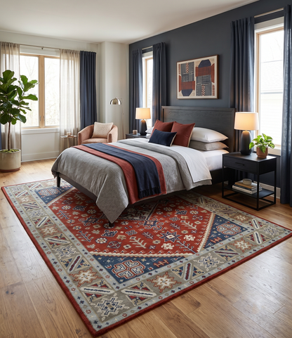 Premium Style Rust, Blue and Beige Hand Knotted Traditional Heriz wool Area Rug.