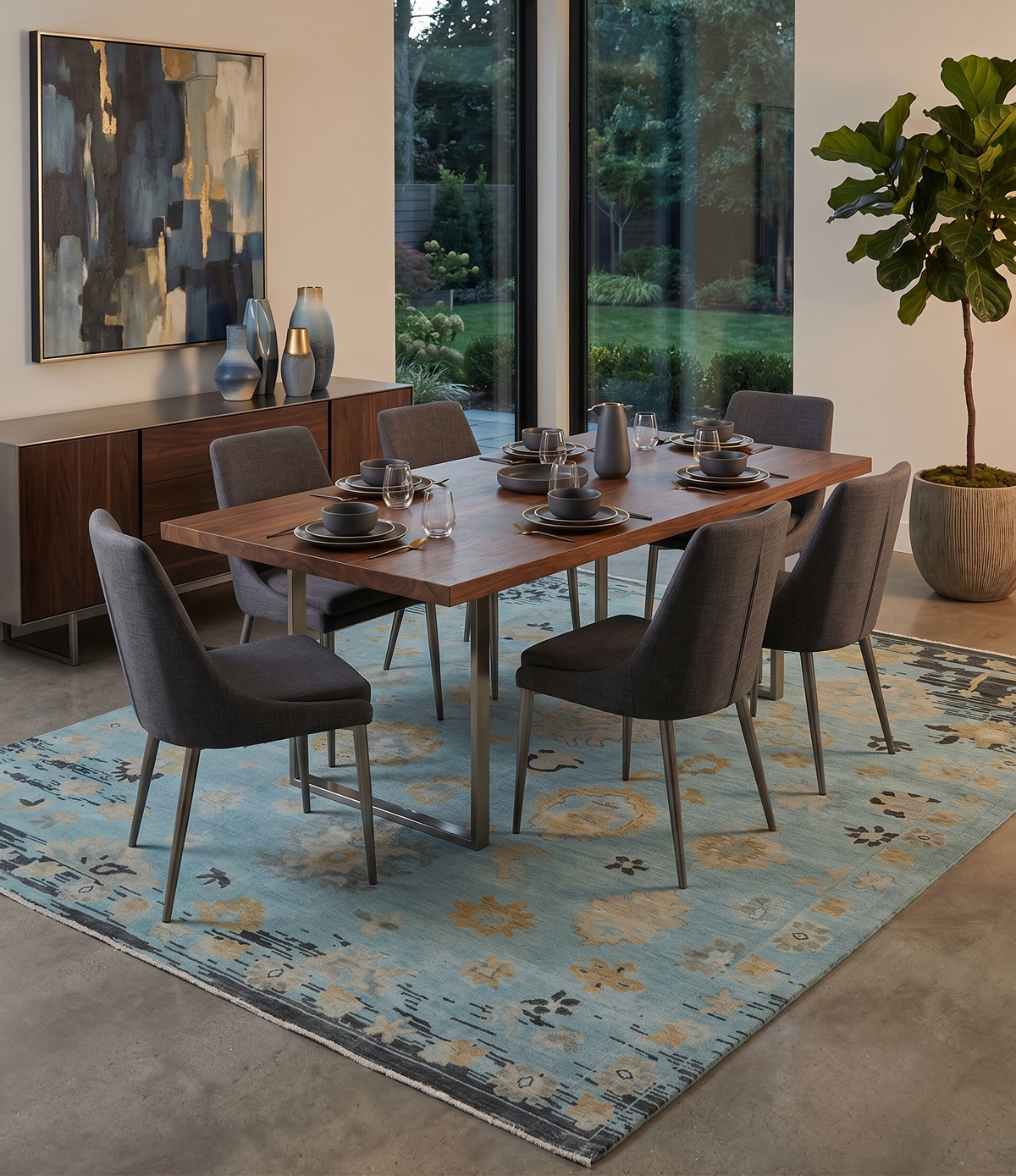 Antique Blue And Charcoal Hand knotted Traditional Oushak Wool Area Rug.