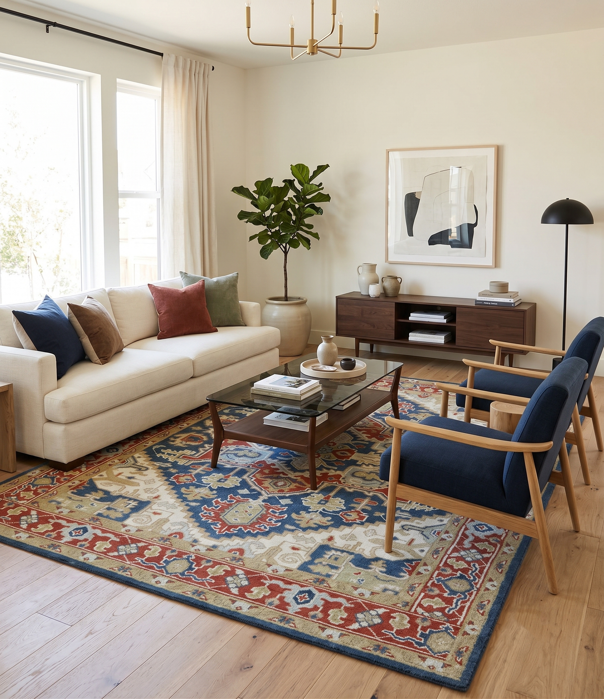 Custom Made Brown, Blue, Ivory and Olive Hand knotted Traditional Heriz Medallion Wool Area Rug.
