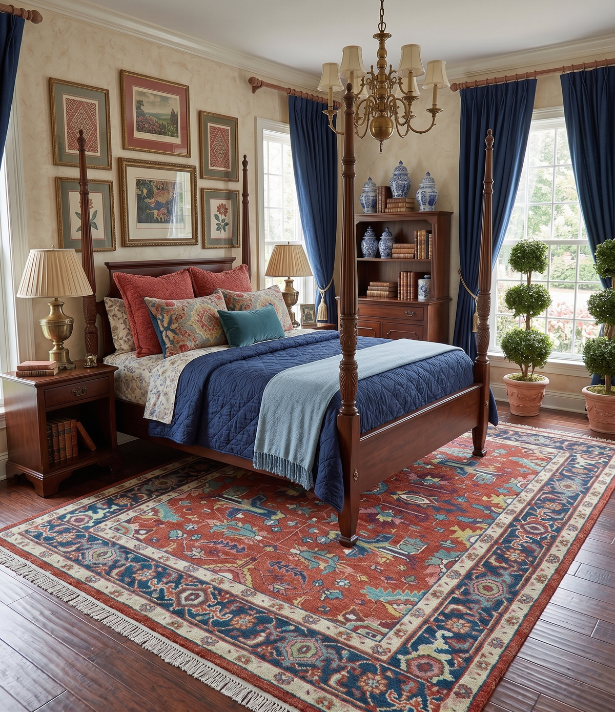 Custom Made Red And Blue Traditional Hand Knotted Wool Rug.