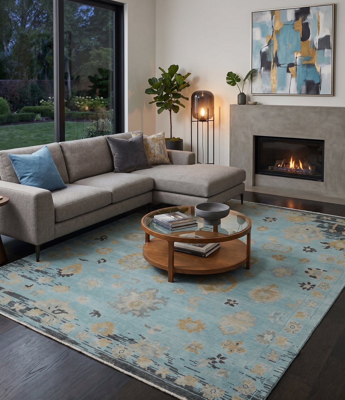 Antique Blue And Charcoal Hand knotted Traditional Oushak Wool Area Rug.