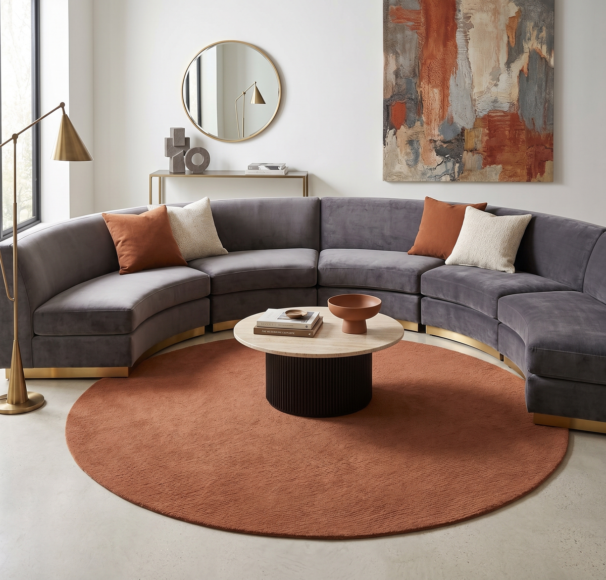 Custom Made Hand Tufted Rust Modern Solid Design Round Wool Rug.