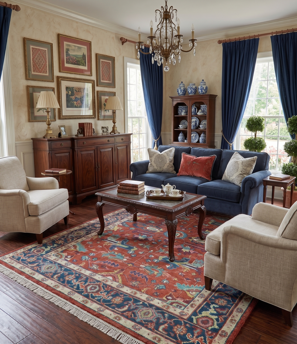 Custom Made Red And Blue Traditional Hand Knotted Wool Rug.