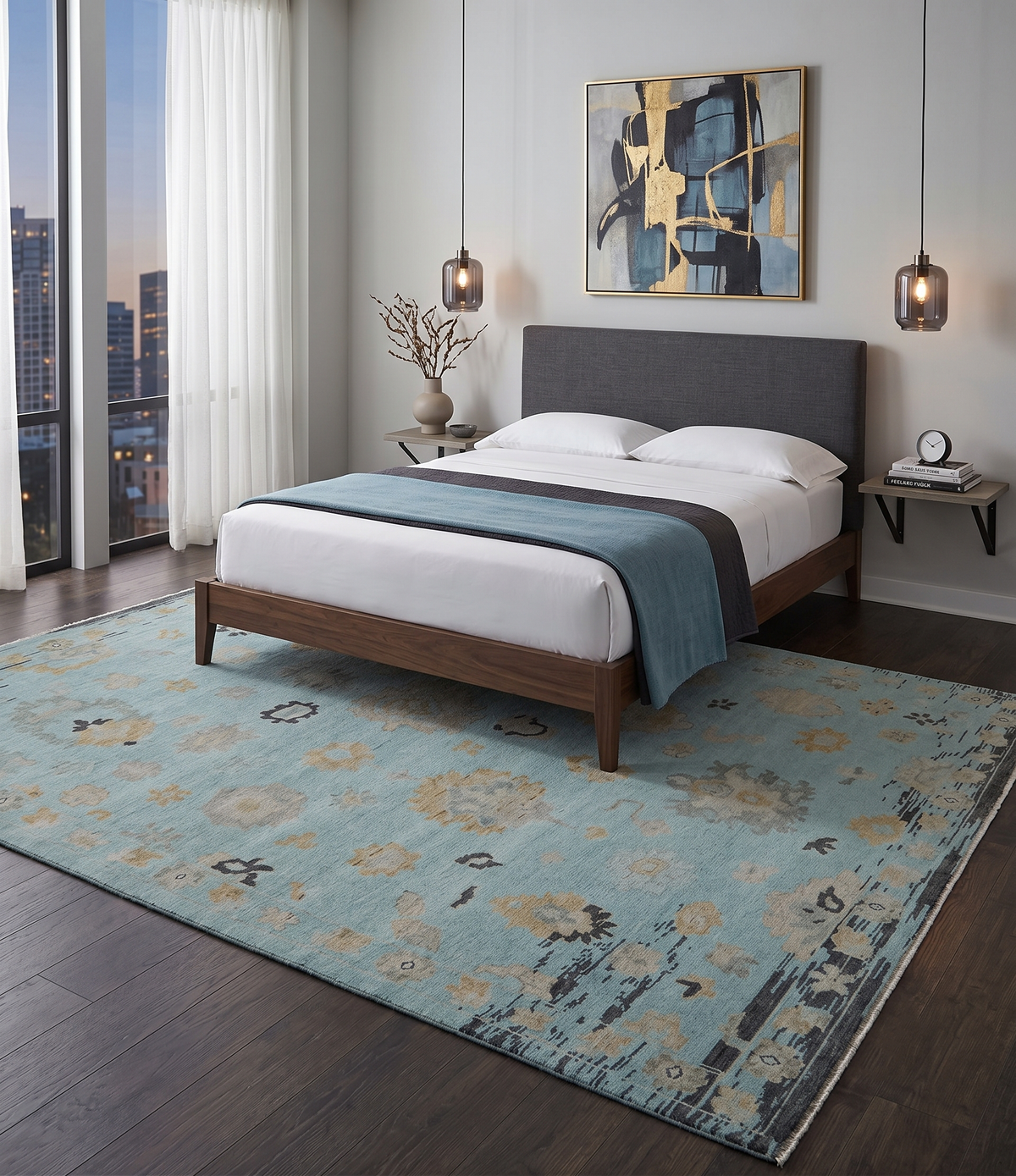 Antique Blue And Charcoal Hand knotted Traditional Oushak Wool Area Rug.