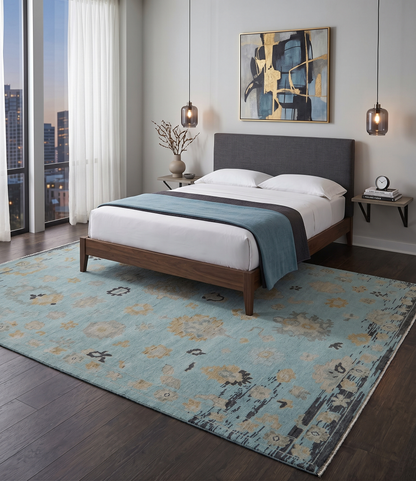 Antique Blue And Charcoal Hand knotted Traditional Oushak Wool Area Rug.