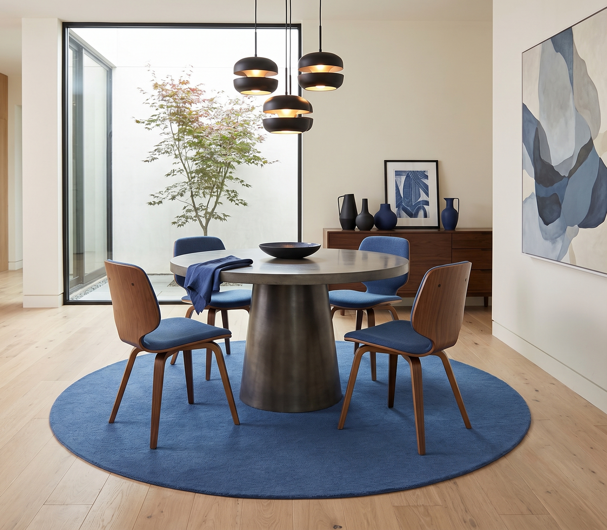 Custom Made Modern Solid Design Blue Round Hand Tufted Wool Rug.