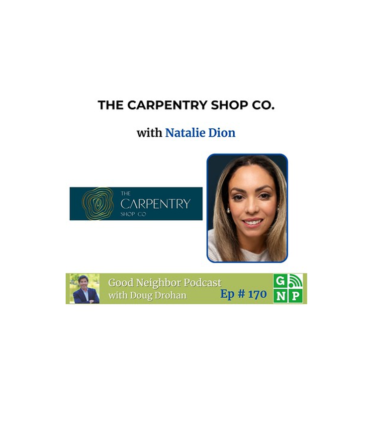Promotional graphic for 'The Carpentry Shop Co.' with Natalie Dion, featuring logos and text on a white background.