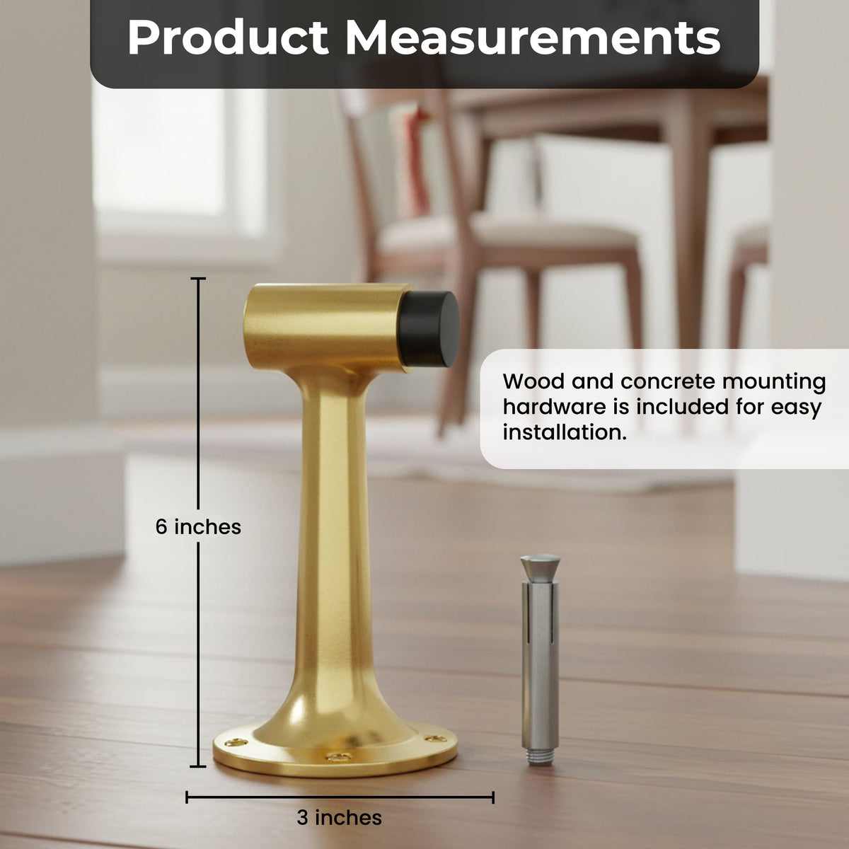Heavy Duty 6″ Floor-Mount Door Stop – Solid Brass, Commercial Grade (Polished Brass).