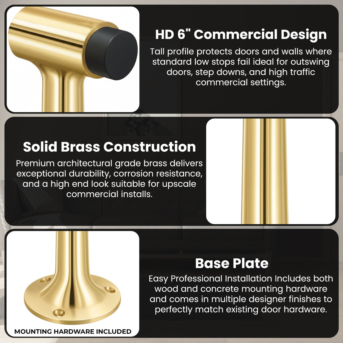 Heavy Duty 6″ Floor-Mount Door Stop – Solid Brass, Commercial Grade (Polished Brass).