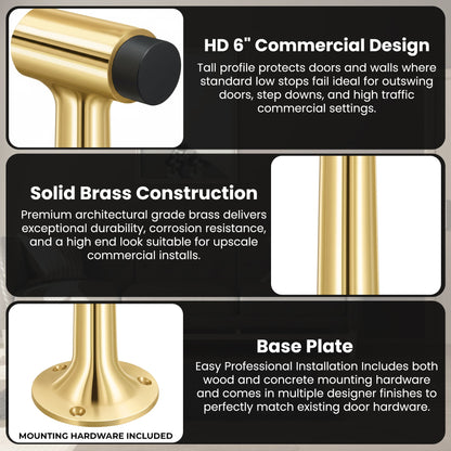Heavy Duty 6″ Floor-Mount Door Stop – Solid Brass, Commercial Grade (Polished Brass).