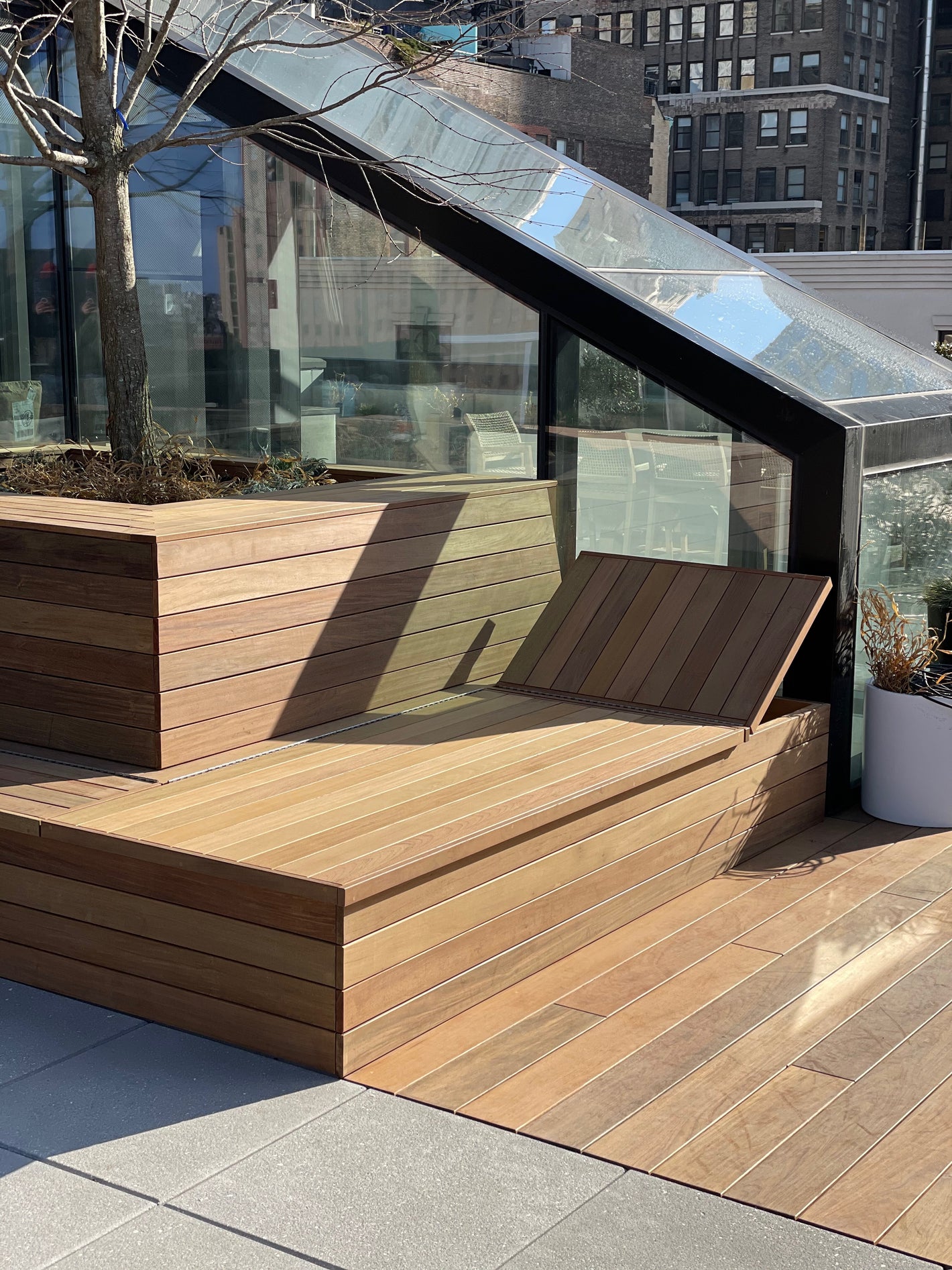 Custom rooftop bench with storage created by TCSC
