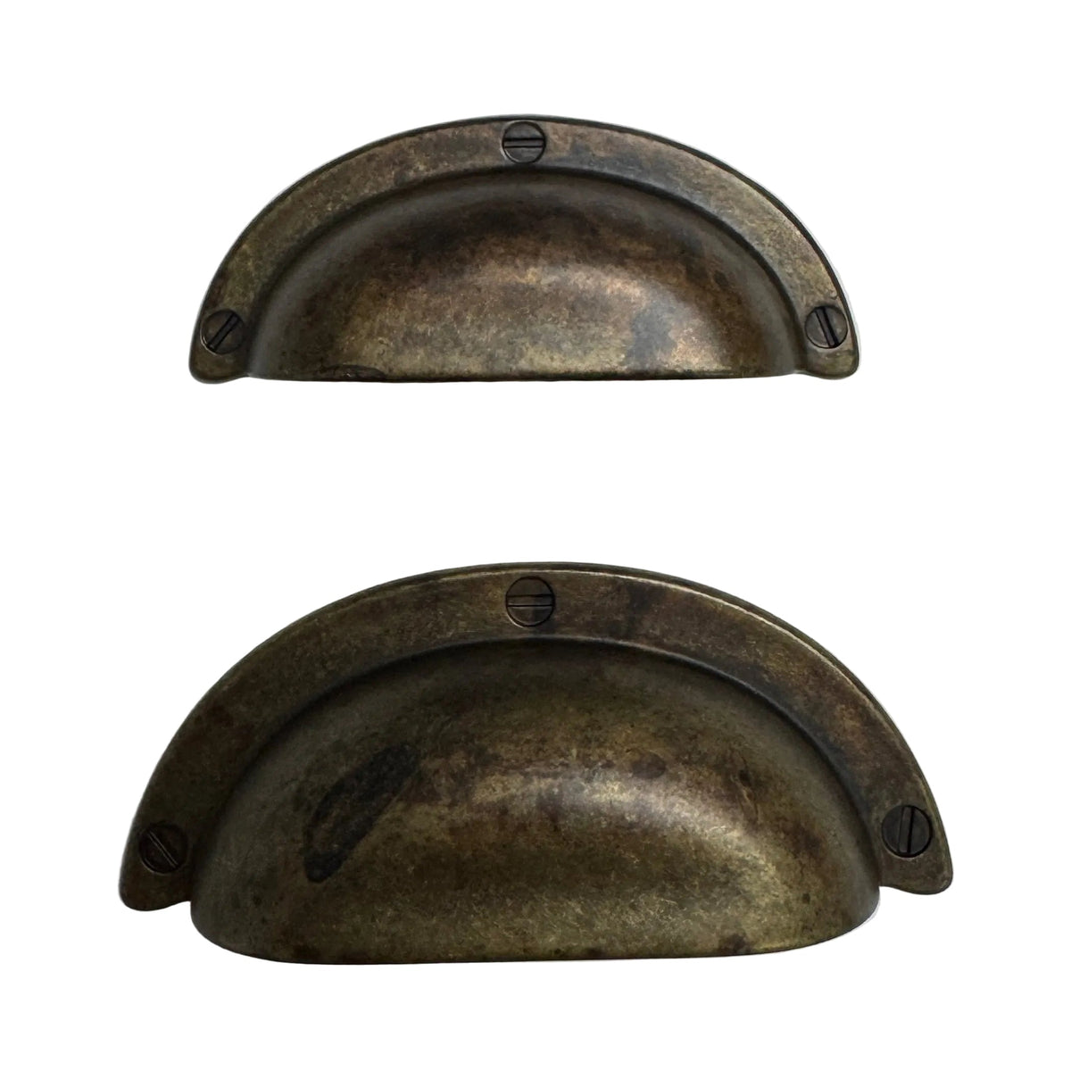 Drawer Cup Pulls "Amalfi" in Worn Brass.