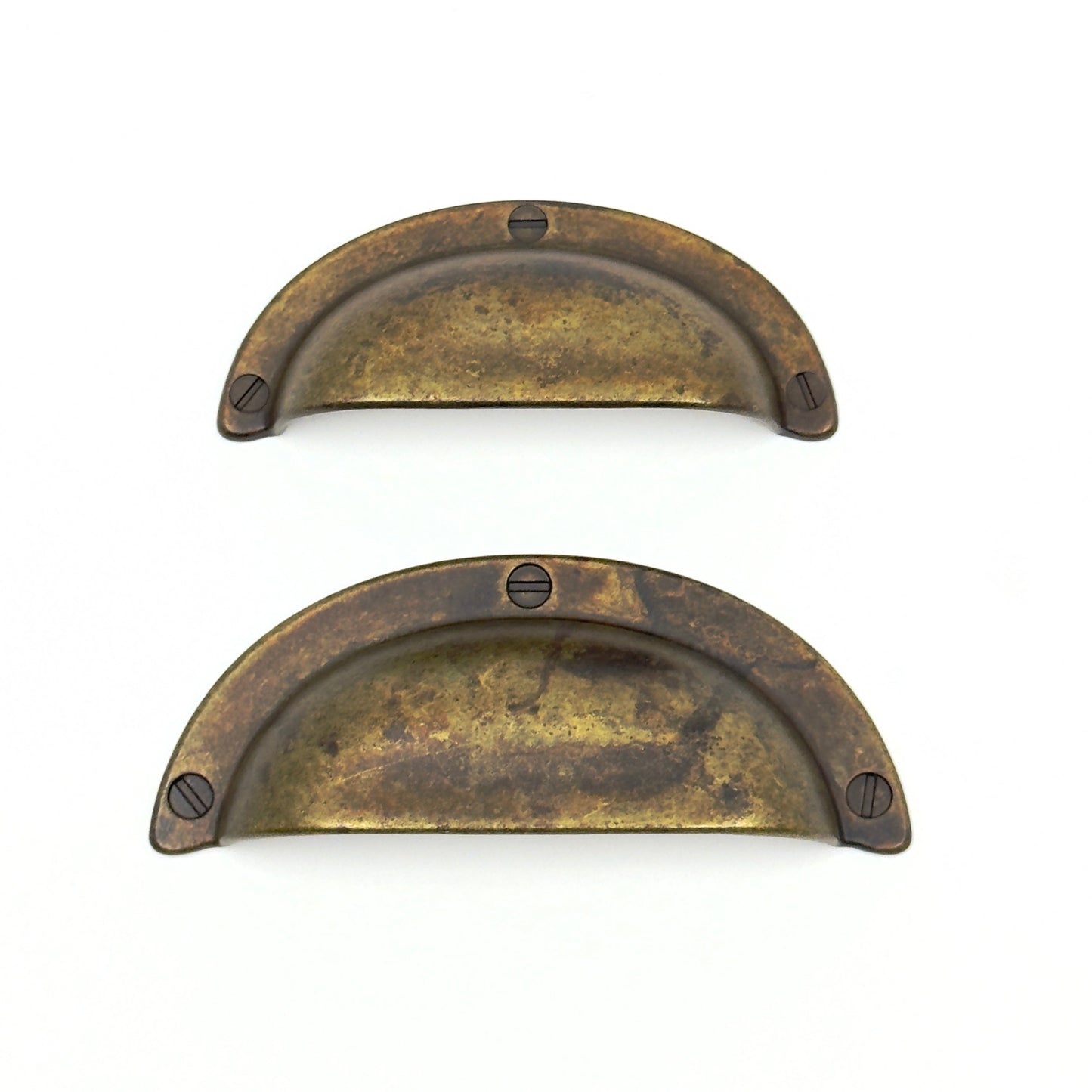 Drawer Cup Pulls "Amalfi" in Worn Brass.