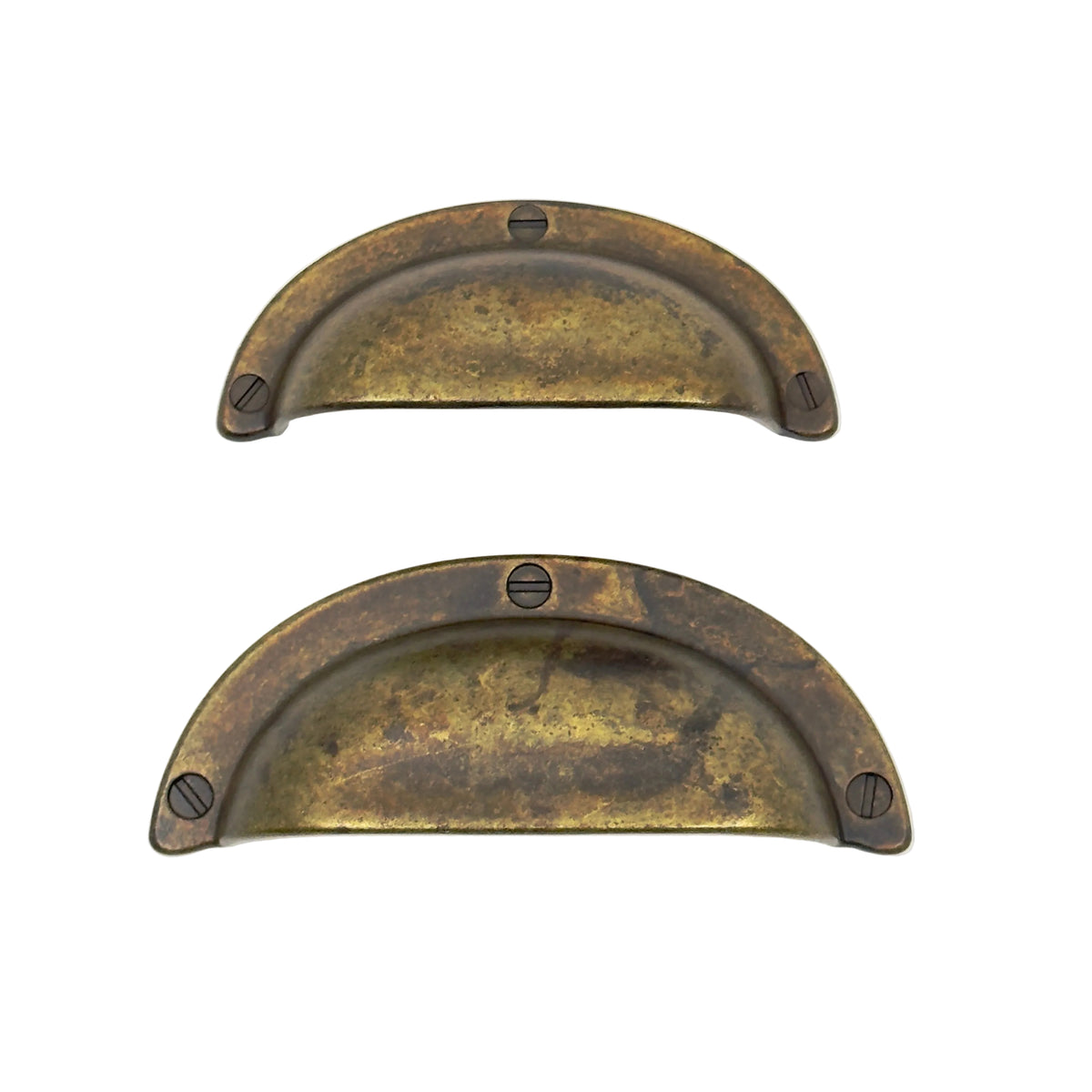 Drawer Cup Pulls "Amalfi" in Worn Brass.