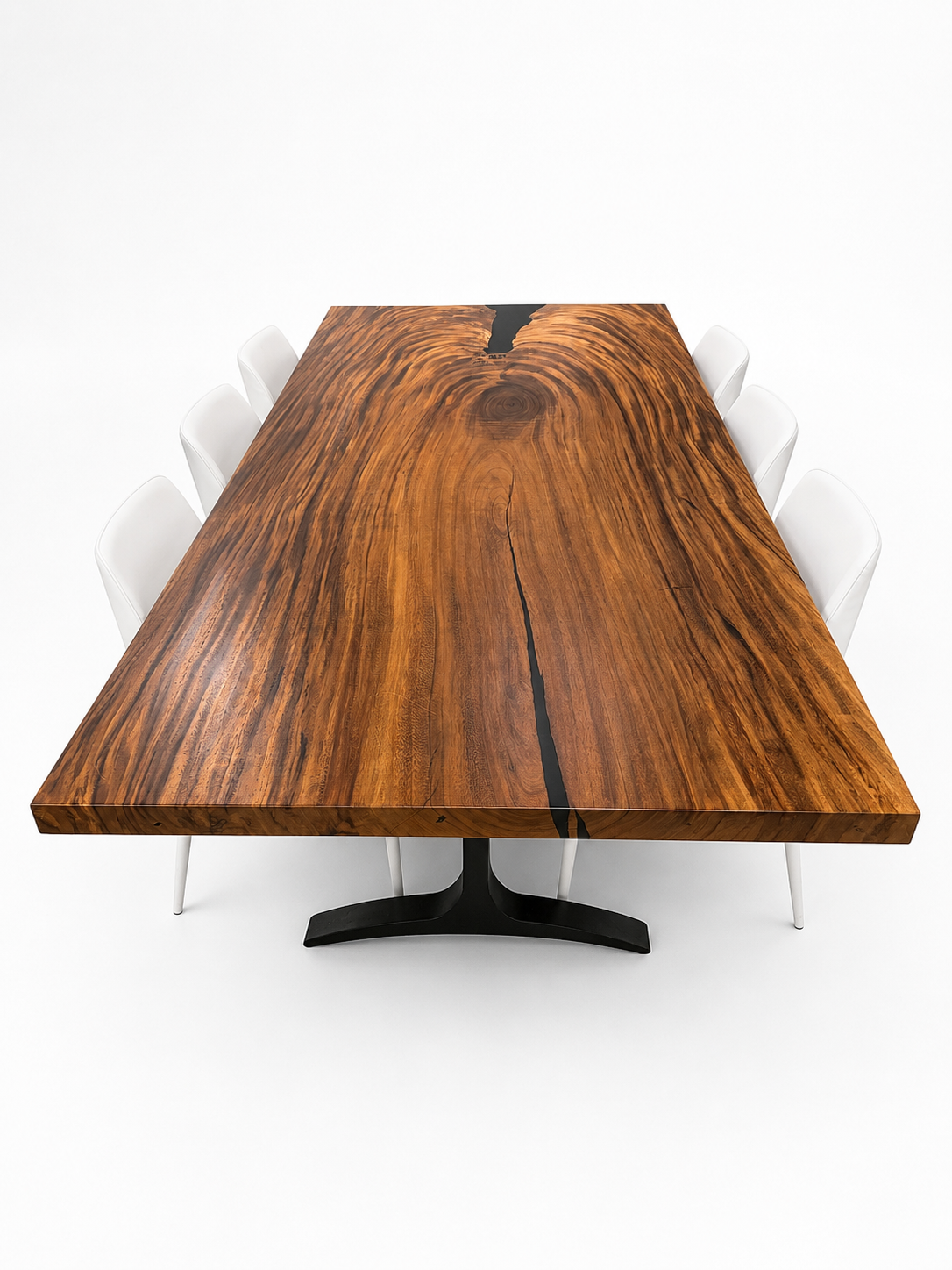 Wooden dining table with a black base on a white background
