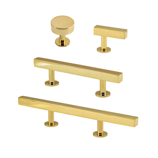 Lew's Square Bar Cabinet Knobs and Pulls in Polished Brass.