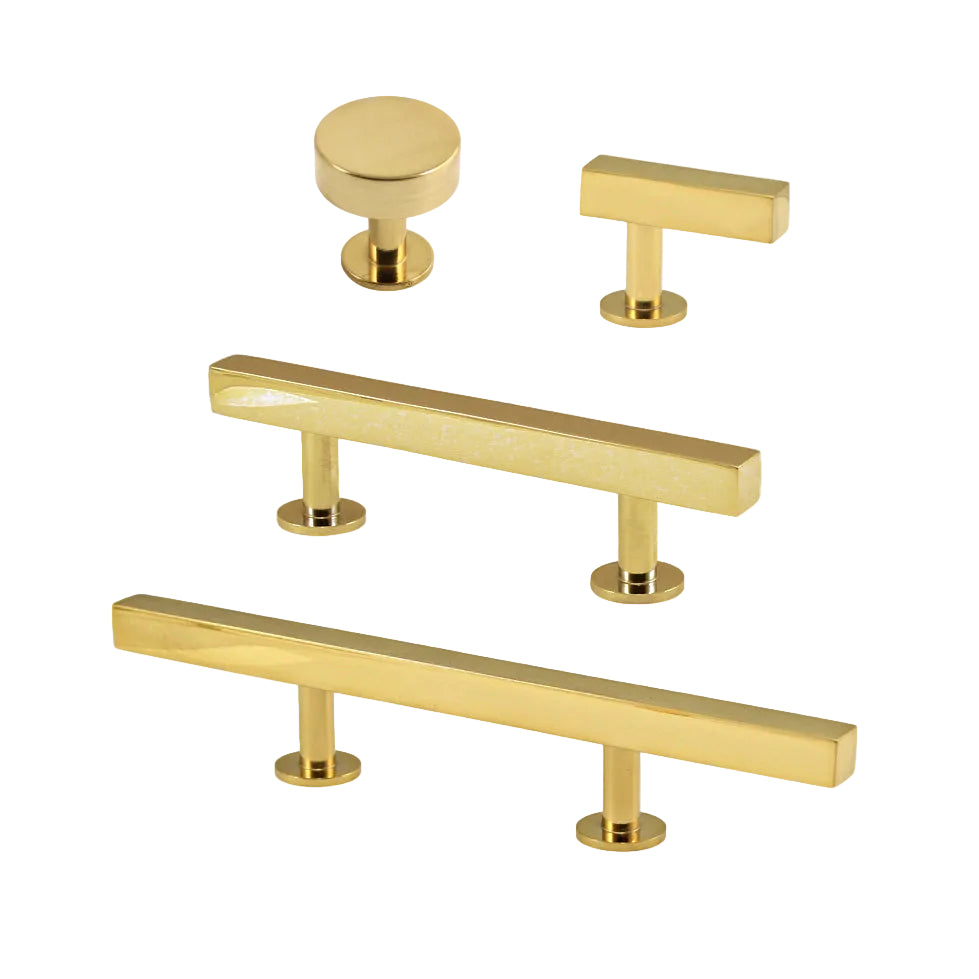 Lew's Square Bar Cabinet Knobs and Pulls in Polished Brass.