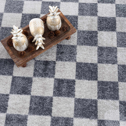 Alie Blue Gray Checkered Washable Rug