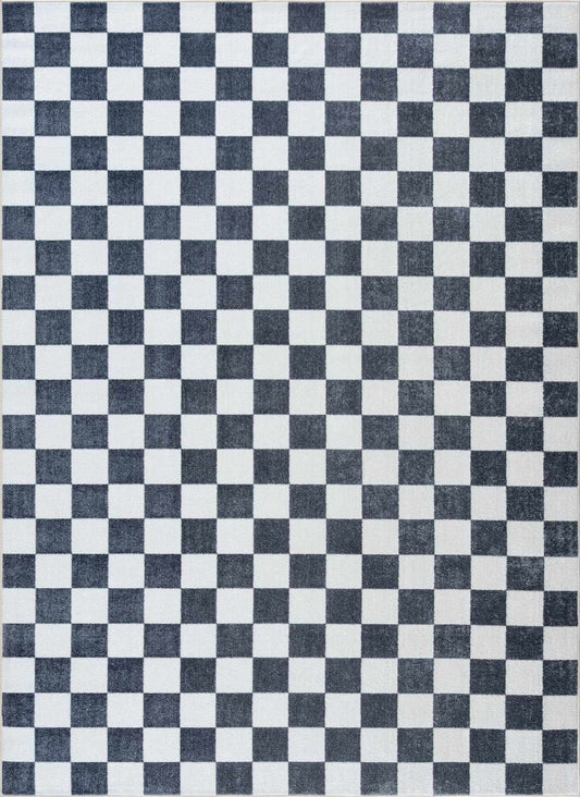Imaran Antrasit Cream Checkered Washable Area Rug