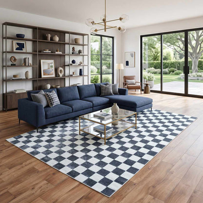 Imaran Antrasit Cream Checkered Washable Area Rug